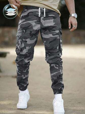 1 pieza Pantalones de camuflaje con cinta adhesiva de cargo casual para adolescentes varones, ropa de calle, punk rock, universidad, fiesta diaria, festival de música, adecuado para primavera y verano