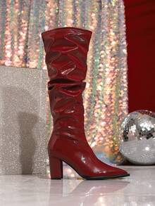女士户外通勤百搭休闲派对秋冬新款高跟过膝靴时尚粗跟一脚蹬性感尖头自然皱靴酒红色高筒靴及膝靴 - 酒紅色 - 查看 5