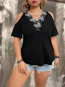 Elegant Fashion Versatile Floral Fabric V-Neck Blouse | Casual Fall Clothes Plus Size For Women | Spring Summer Break Country Concert Vacation Outfits For Women - màu đen - Xem 4