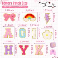Preppy Chenille Patches Self Adhesive Embroidered For DIY Clothing,Include 52 A-Z Chenille Letter Patches Stickers,20 Rainbow Flower Lighting Bowknot Stick On Patches For Backpacks Hats Jackets - abc - 查看 3