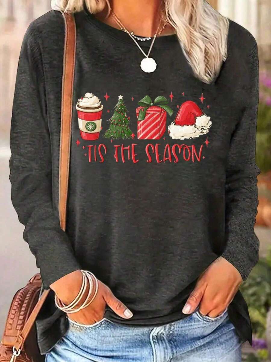 Women's Plus Size Casual Round Neck Long Sleeve T-Shirt, Christmas Gift And Slogan Group Graphic Tees, Women's Autumn And Winter Clothing - Dark Grey - View 1