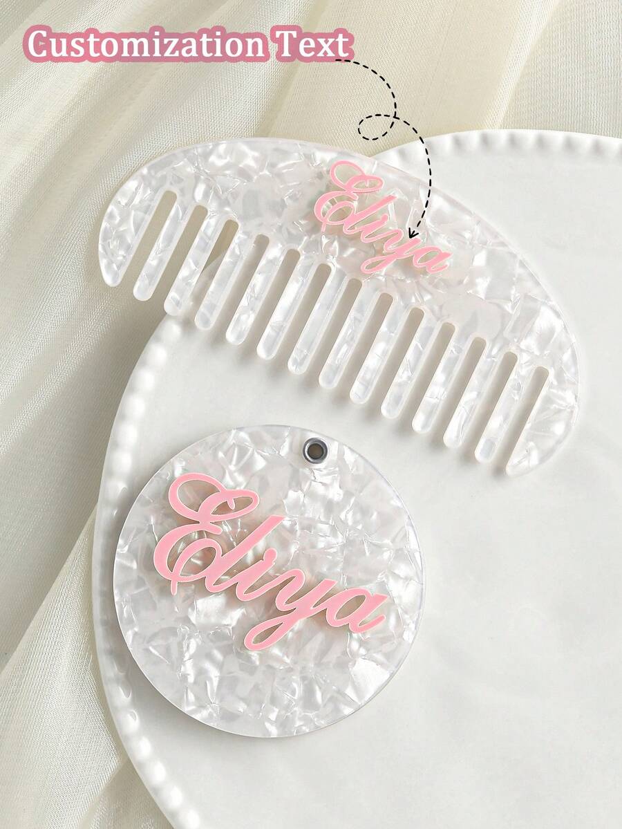 2 pièces/set Peigne à cheveux élégant personnalisé - Design en fibre d'acétate vintage avec petit miroir rond personnalisé, texture de faux perle. Peigne à cheveux avec nom personnalisé - Accessoire capillaire unique pour femmes, cadeau parfait pour anniversaire/demoiselle d'honneur/mariée/mère. Accessoires de beauté de Noël, organisateur de voyage, accessoires occidentaux pour femmes - Blanc - Voir 1