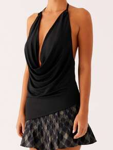 Women's Halter Neck Vest Summer Sleeveless Open Back Deep V Neck Solid Color Tank Tops - Black - View 3