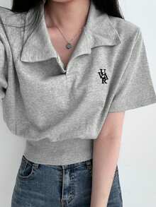 YCYC 韓式刺繡設計通勤百搭女款休閒短袖翻領T恤 夏季 - 灰色 - 查看 1