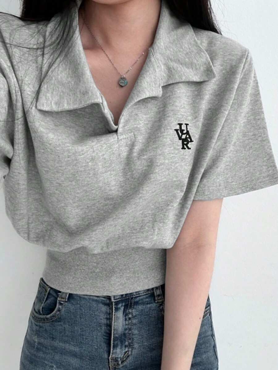 YCYC 韓式刺繡設計通勤百搭女款休閒短袖翻領T恤 夏季 - 灰色 - 查看 1