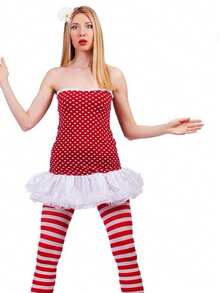 1 件节日装饰蝴蝶结条纹圣诞绒球过膝袜，女士长袜，适合表演、服装、圣诞派对万圣节