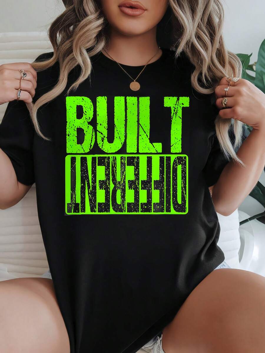 Women's T-Shirt Casual Loose Fit Black White Options Neon Green BUILT DIFFERENT Print Graphic Tee Summer Daily Wear Shirts Summer Tops Graphic Tees Summer Outfits For Women Graphic Tees Women Crop Tops Tops For Women  Vintage Cotton Cute  Clothes Women - 黑色 - 查看 1