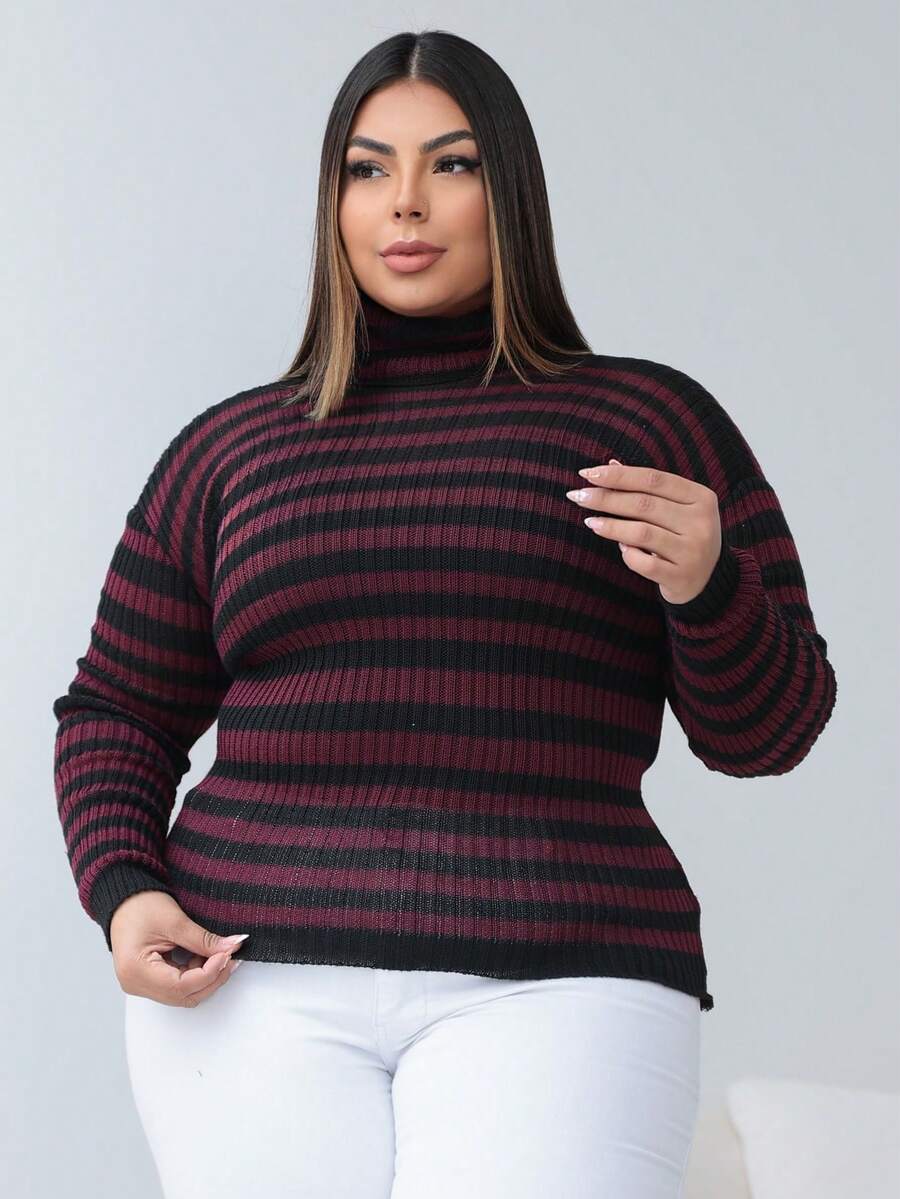 Cacharrel Plus Size Blouse With Stripes, High Neck, Ribbed, Second Skin - 紅木色 - 查看 1