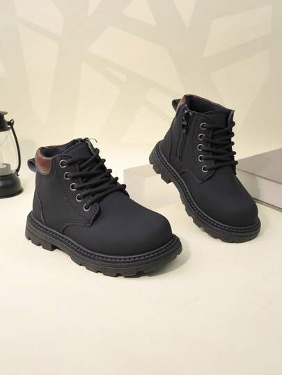 1 Pair Black Toddler/Kids Short Boots, Soft Suede-Like PU Material Color Block, Lace-Up Front With Zipper, Round Toe Soft Sole, Retro British Style, Warm & Cute, Suitable For 3-12 Years Old Boys & Girls, Casual/School Wear, Autumn/Winter