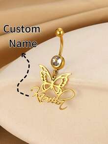 Custom Name Belly Ring, Zirconia Belly Ring, Customized Navel Ring, Belly Button Ring, Personalized Name Belly Ring, Gift For Her. Birthday Gifts Valentine's Day Gifts - Golden Butterfly - View 2