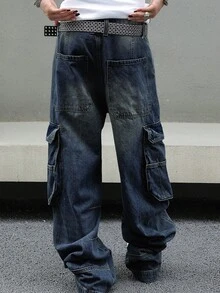 Men's Baggy Denim Cargo Pants Loose Fit Streetwear Wide Leg Workwear Style With Large Side Pockets - 深色水洗藍 - 查看 4