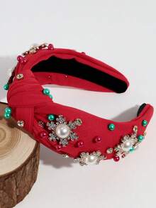 1pc Women's Fashion Wide Band Knotted Rhinestone Snowflake Faux Pearl Christmas Headband, Suitable For Daily And Christmas Wear - Multicolor - View 3