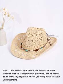 1 件纯色波西米亚休闲串珠宝石镂空防紫外线装饰编织巴拿马帽，时尚百搭，适合所有季节 - 巴拿馬草編帽 - 查看 14