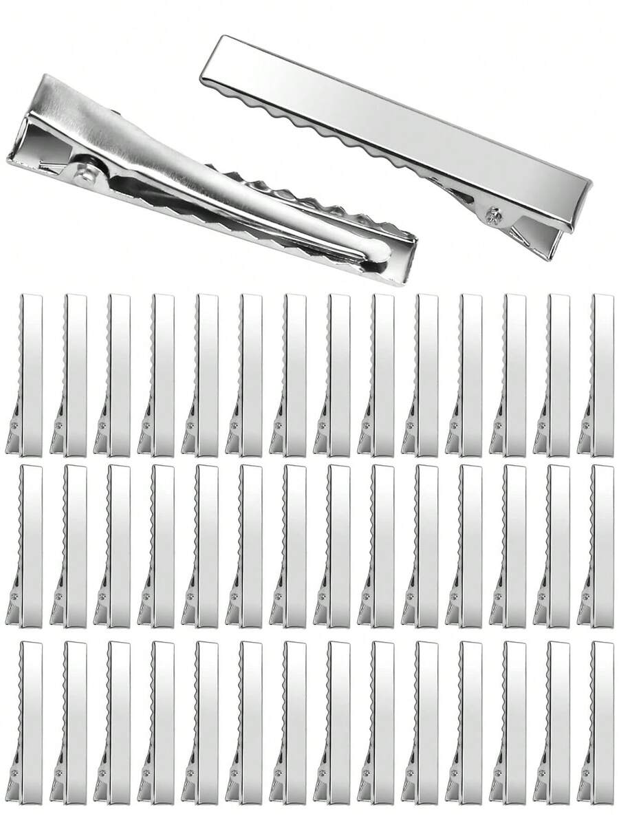 200/100/50 piezas Pinzas para el cabello de caimán de metal de un solo diente, pinzas planas de caimán a granel en color plateado para lazos y manualidades, suministros DIY para hacer accesorios - Plateado - Ver 1