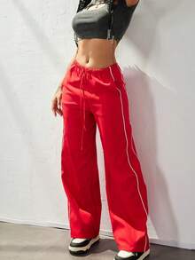 Pantalones cargo de pierna ancha con cintura elástica casual, con tubería de contraste, estilo vintage americano de la década de 2000 para volver al colegio en otoño - Rojo - Ver 4