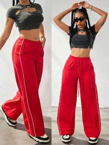 Pantalones cargo de pierna ancha con cintura elástica casual, con tubería de contraste, estilo vintage americano de la década de 2000 para volver al colegio en otoño - Rojo - Ver 7