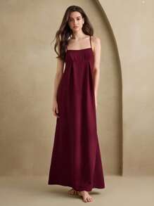 Anewsta Leisure Women's Solid Color Bust Pleated Camisole Nightgown Babydoll Holiday Season - Burgundy - View 5