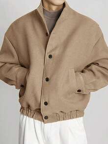 INCERUN Mens Stand Collar Button Front Long Sleeve Casual Basic Solid Jacket Coat Fall Overcoat - Khaki - View 2