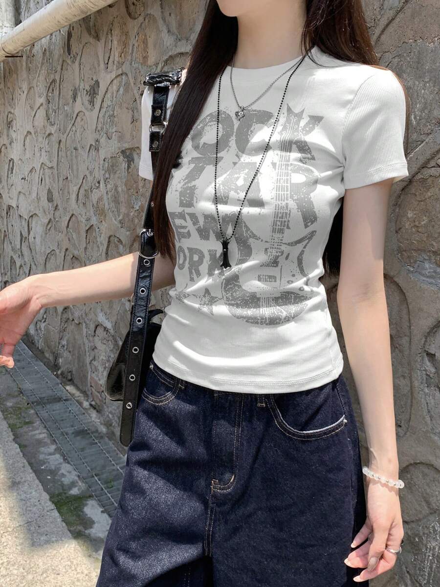 2025 Spring/Summer Women's Casual Letter Print Short Sleeve Knit T-Shirt - White - View 1