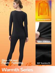 女士保暖内衣套装 - 圆领长袖上衣和裤子，时尚黑色 | 保暖内衬，超保暖，透气修身 | 居家休闲、城市通勤、滑雪旅行和徒步旅行的理想之选 | 防静电，速干科技 | 秋季、圣诞节和假日季的冬季必备保暖单品 - 黑色 - 查看 2