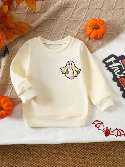 Sudadera beige con bordado de fantasma para bebé/niña pequeña, linda y divertida, el mejor regalo de Halloween para bebé