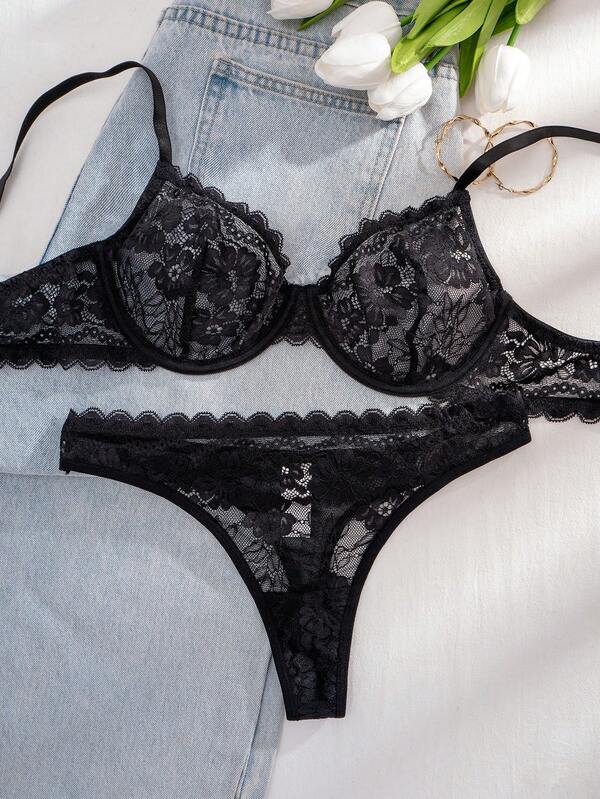 1 Conjunto de Sujetador y Ropa Interior de Mujer con Borde de Volantes de Encaje y Aros, unicolor y Cómodo