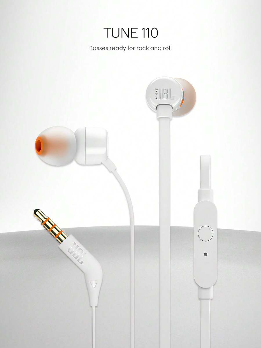 JBL Tune 110 有线入耳式耳机，带麦克风，扁平防缠绕线缆，强劲低音，立体声，适用于电脑游戏和运动，兼容 3.5mm 耳机插孔