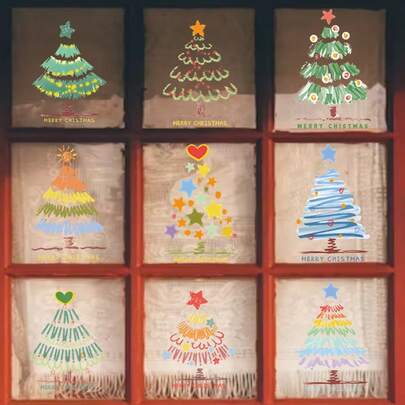 9pcs Christmas Decorative Static Cling Window Stickers, Creative Christmas Tree & Holiday Atmosphere Elements Decor Party Supplies, 2026 New Year New Home Living Room Glass Wall Stickers
