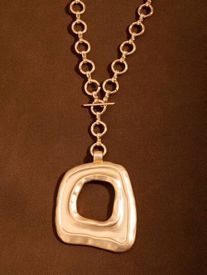 1pc Matte Gold/Silver Asymmetric Hollow Square Pendant Necklace With Thick Cord, Suitable For Women's Daily Wear, 18 Inches + 2 Inches Extension Chain