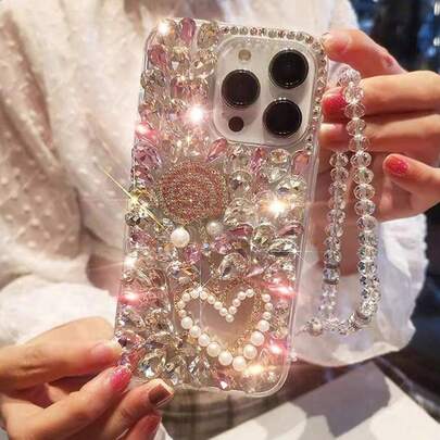 Alloy Luxury Pink Bling Rhinestone Pink Metallic Sequin Faux Pearl Heart Shock-Proof Fashion Phone Case Compatible With IPhone 16 Pro Max 15 Plus Galaxy S Series Spring Birthday Gift Party, International Version,  Not The Domestic Version