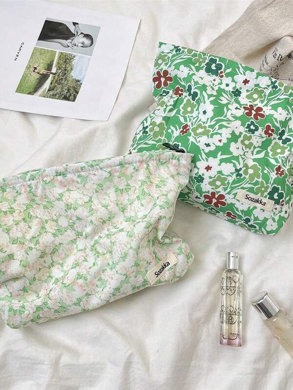 1 pièce Sac cosmétique à fleurs vertes, sac à rouge à lèvres pour filles, sac de rangement, sac cosmétique portable de voyage, sac à main pour femmes, cadeau pour filles et femmes