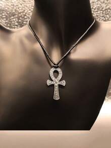1pc Ankh Cross Necklace, Fashionable Minimalist Metal Leather Cord Unisex Pendant Necklace, Suitable For Party, Gathering, Outdoor, Daily Outfit - 彩色 - 查看 3