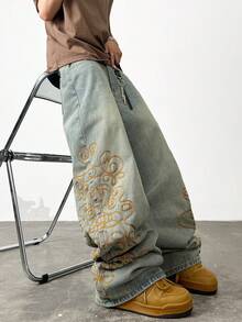 1pc Hearty Haven Men's American Fashion Embroidered Wide Leg Jeans, Casual Retro Washed Loose Long Pants (No Belt & Accessories) - Blue - View 7