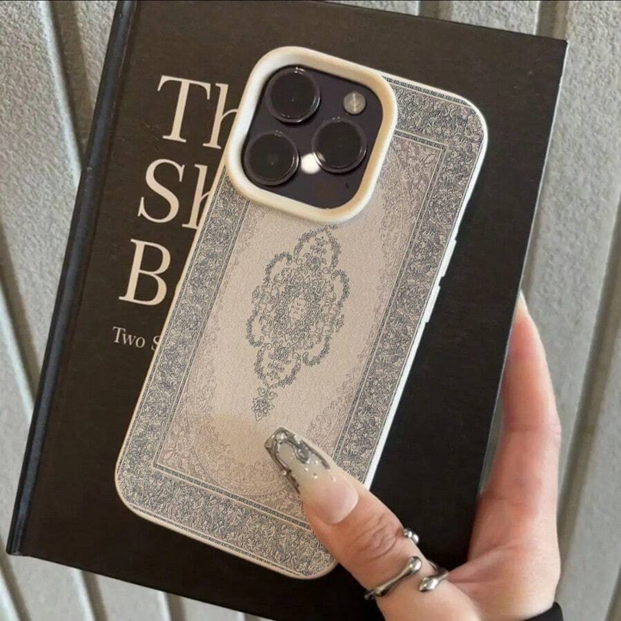 1pc Vintage Gray Floral Pattern Full Screen TPU Phone Case Compatible With IPhone/ Smartphones,International Version, Not The Domestic Version - White - View 1