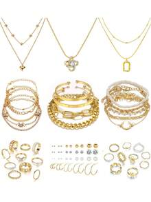 FAXHION 77pcs/35pcs Middle Eastern Style Elegant Vintage Butterfly, Heart, Faux Pearls, Twist, Rhinestone, Snake Chain, Braided Chain, Geometric C-Shaped Earrings, Necklace, Ring, Bracelet Jewelry Set For Holiday, Party, Gift - 金黃色-35件 - 查看 1