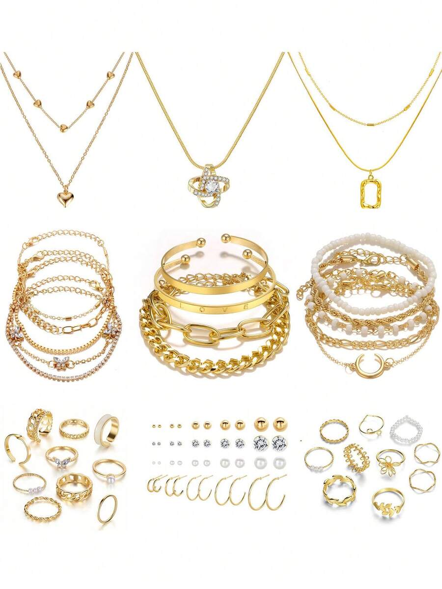 FAXHION 77pcs/35pcs Middle Eastern Style Elegant Vintage Butterfly, Heart, Faux Pearls, Twist, Rhinestone, Snake Chain, Braided Chain, Geometric C-Shaped Earrings, Necklace, Ring, Bracelet Jewelry Set For Holiday, Party, Gift - 金黃色-35件 - 查看 1