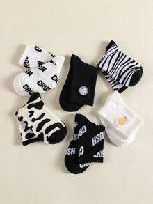 6 par damskich, personalizowanych skarpetek na jesień/zimę, z nadrukiem krowy, gwiazdą, haftem w paski zebry, długość do połowy łydki