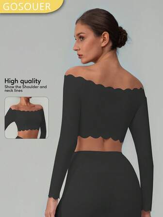 GOSOUER Dam-T-shirt med bar axel och spets, långärmad design med avtagbar bröstkudde och avtagbar bröstkudde för avslappnad yoga, långärmad topp