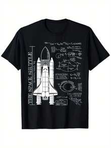 Space Shuttle STS Rocket Science T-Shirt For Boys & Girls - Black Cotton Blend Casual Tee With Educational Space Design, Short Sleeve Round Neck, Regular Fit For Ages 5-13, Space Shirt - 黑色 - 查看 1