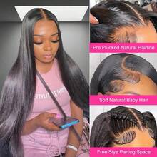 骨直蕾丝前假发，真人混纺发丝，13x4高清透明蕾丝前片，女士无胶巴西原生发蕾丝前片假发，200%密度，预先拔毛，带婴儿发际线 - 自然色&黑色系 - 查看 3