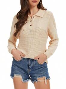 Womens Tops Waffle Knit V-Neck Long Sleeve T-Shirts Button Down With Pockets Tunic Fashion ClothingChristmas - 杏色 - 查看 4