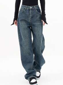 Vintage Denim Jeans With Pockets Baggy Jeans For Women Vintage Wide Leg Straight Denim Pants Womens Casual Trousers Spring Clothes - 藍色 - 查看 2