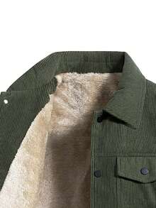 Men 1pc Military Green Corduroy Thermal Lined Long Sleeve Jacket, Outdoor Camping Style, Water-Resistant & Wind-Proof, Sherpa Lining For Warmth, Turndown Collar, Multi-Pocket Design, Practical For Outdoor Activities And Team Building, Fall/Winter - Army Green - View 3