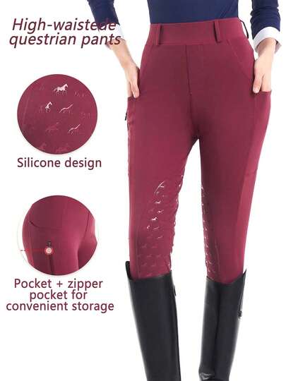Calça de montaria feminina com estampa de cavalo azul-celeste e silicone, cintura média, bolsos laterais, elástica, que absorve o suor, respirável, macia e confortável, adequada para passeios a cavalo ao ar livre