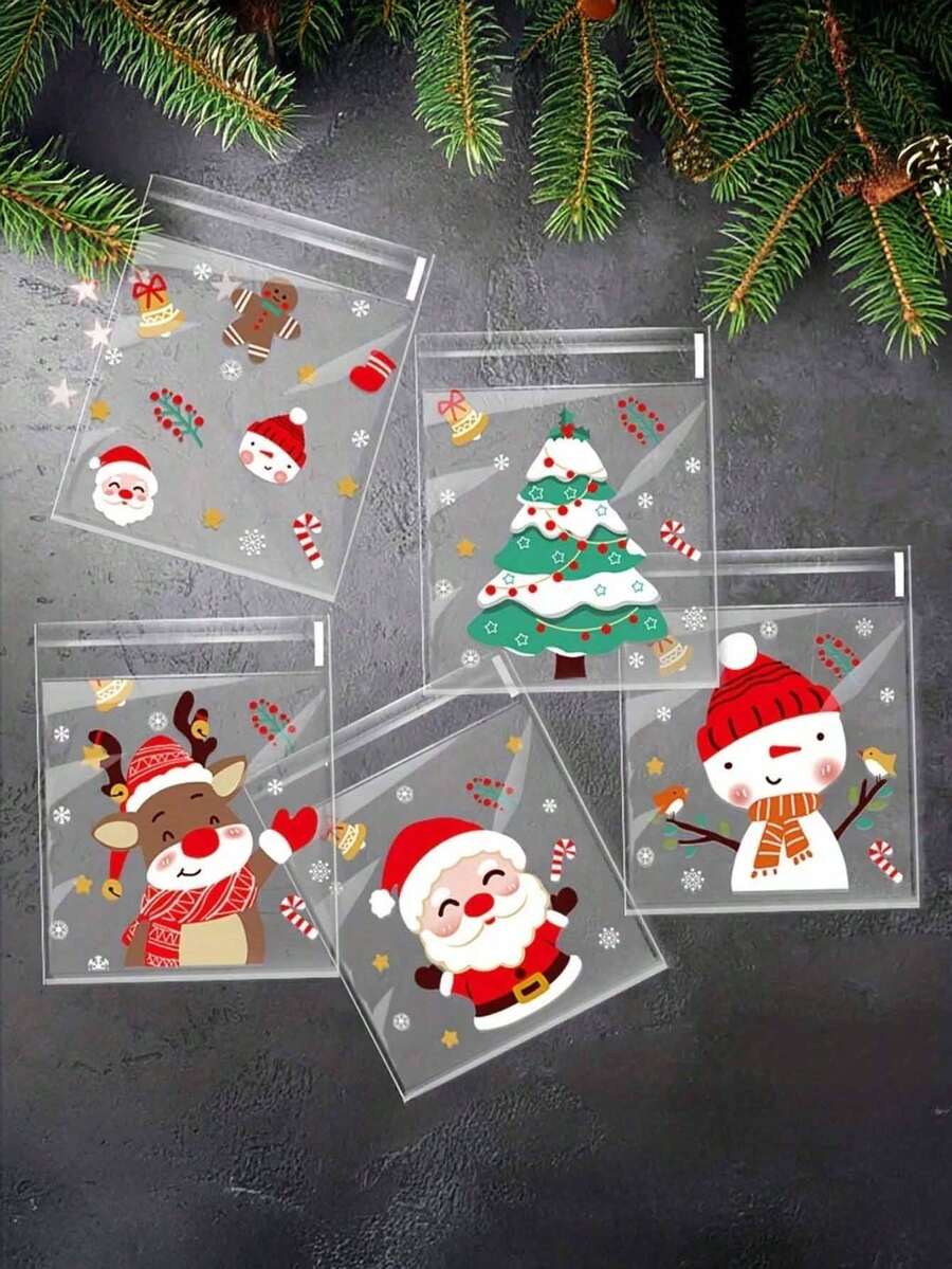 50/100pcs Christmas Treat Bags - Self-Sealing, Disposable Opp Candy & Cookie Pouches With Festive Cartoon Designs For Holiday Gifting