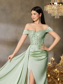 Alisa&Leo 少女露肩亮片晚礼服 - 合身亮片紧身胸衣，侧开衩，不对称拖尾，适合毕业典礼、舞会、婚礼和高端晚会 - 綠色 - 查看 4