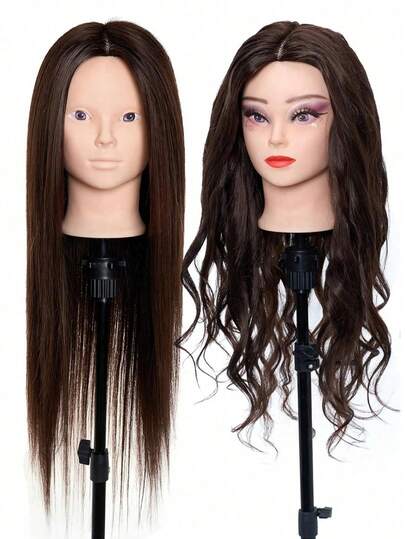 26-Inch Brown Hair Styling Mannequin Head, Slicked Back Style, Beauty Hairstyling Practice Model Head, Makeup Doll Head (1 Mannequin Head), Beauty Supplies