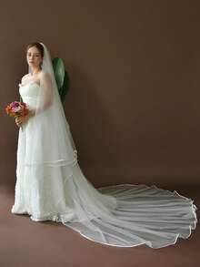 1 件双层缎边新娘面纱，适用于婚礼仪式面罩、摄影道具、教堂婚纱配饰，带发梳，超长拖尾 - 寬3米 - 查看 16