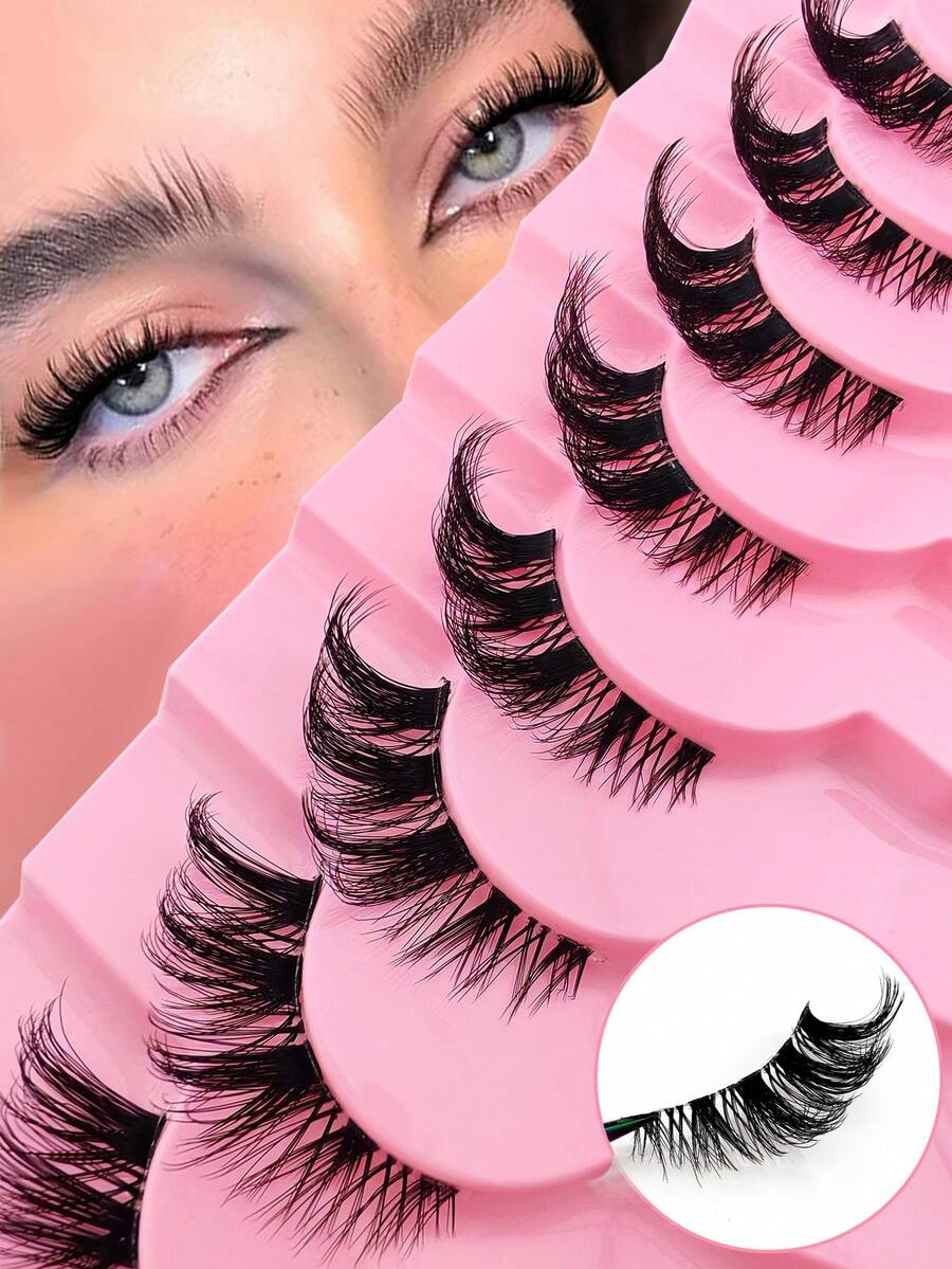 9 Pairs Half-Strip False Eyelashes, Cat Eye Natural Makeup Effect, Transparent Stem, Cartoon Style, Natural Transparent Stem, Short Accent Lashes, Winged Lashes, 3/4 Lashes, Reusable Eyelash Set - Cat Eye Lashes - View 1