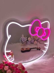 Sanrio 1 szt. Lustro ścienne do sypialni z neonowymi światłami Anime KT Cat, toaletka, garderoba, salon, korytarz, neony, pasek lustrzany ze ściemnialnym oświetleniem LED, dekoracja łazienki, lampka nocna do toaletki, neonowe światła LED zasilane przez USB/baterię, różowa dekoracja ścienna do sypialni, nadaje się do pokojów, na walentynki, urodziny, prezenty ślubne, do domu, dekoracja świąteczna, dla dziewczyn, żon, przyjaciół, rodziny, kochanków